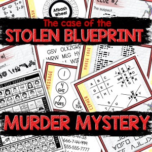 May include: A red and black printable game titled "The Case of the Stolen Blueprint: Murder Mystery". The game includes a variety of puzzles, including a cipher, a message code, and a suspect list.