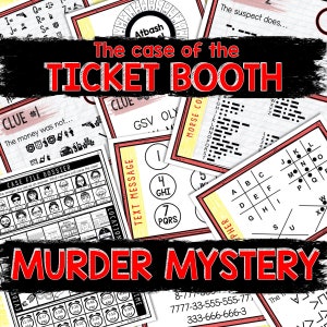 May include: A colorful printable murder mystery game with the title "The Case of the Ticket Booth". The game includes clues, a case file dossier, a cipher, a text message, and a location map. The game is designed for a murder mystery party.