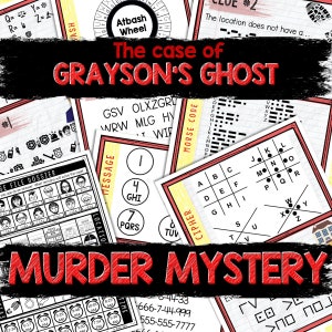 May include: A red and black title card for a murder mystery game called "The Case of Grayson's Ghost: Murder Mystery". The card features a variety of codes and ciphers, including Morse code, a cipher wheel, and a letter grid.
