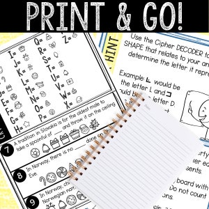 May include: A printable worksheet with a Christmas-themed cipher decoder. The decoder uses images to represent letters. The worksheet includes instructions and an example of how to use the decoder. The text on the worksheet reads "PRINT & GO!" and "Use the Cipher DECODER to determine the letter it represents."