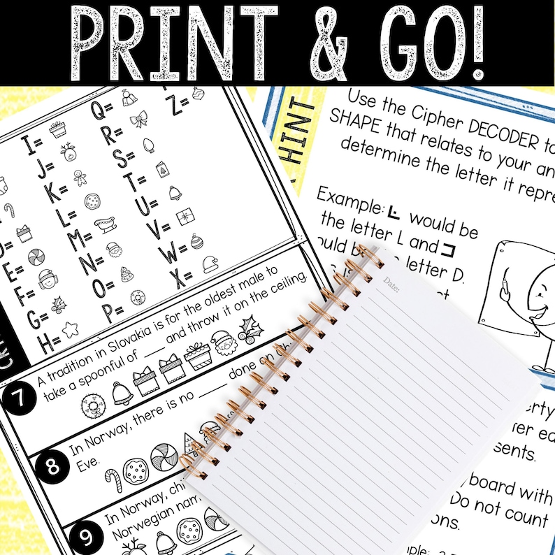 May include: A printable worksheet with a Christmas-themed cipher decoder. The decoder uses images to represent letters. The worksheet includes instructions and an example of how to use the decoder. The text on the worksheet reads "PRINT & GO!" and "Use the Cipher DECODER to determine the letter it represents."