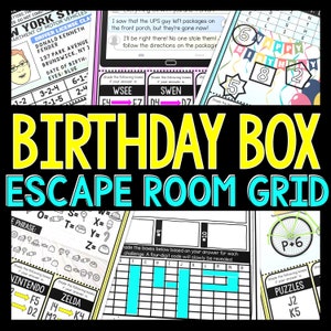 May include: A birthday escape room grid with puzzles and clues, featuring a driver's license, text message bubbles, and various challenges. The design includes the text "BIRTHDAY BOX ESCAPE ROOM GRID". The measurements are in centimeters.