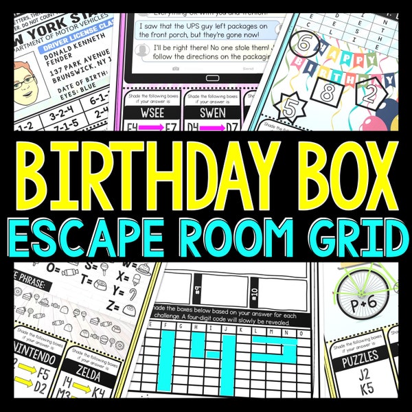 Birthday Box GRID Escape Room for Kids - Printable Party Game – Scavenger Hunt – Birthday Party  - Kids Puzzles – Family Game Night - Codes