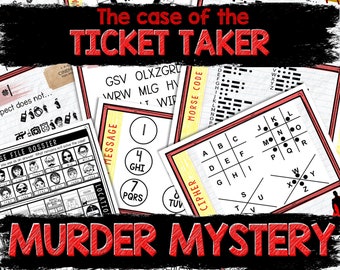 Può includere: Un gioco di mistero di omicidio stampabile con il titolo "Il caso del PRENDITICKET" e il sottotitolo "OMICIDIO MISTERIOSO". Il gioco include una varietà di enigmi, tra cui un codice, un codice Morse e un messaggio.