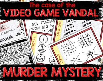 May include: A red and white printable murder mystery game with the title "The case of the VIDEO GAME VANDAL" and the subtitle "MURDER MYSTERY". The game includes a variety of puzzles, including a cipher, a message, a Morse code, and a file dossier.