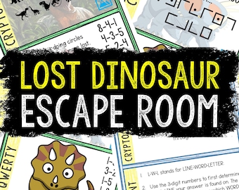 May include: A colorful escape room game with a dinosaur theme. The game includes a variety of puzzles and challenges, including a cryptogram, a cipher, and a word search. The game is designed for players of all ages and skill levels.