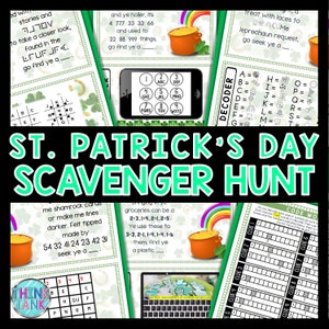May include: A St. Patrick's Day scavenger hunt game with a green, white, and orange rainbow, a pot of gold, and a shamrock. The game includes a decoder, a code word, and a grid with clues.