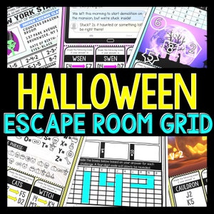 May include: A Halloween-themed escape room grid with a black background and colourful text. The grid is divided into squares with different challenges and clues. The text "HALLOWEEN ESCAPE ROOM GRID" is written in large, yellow and blue letters at the top of the grid.