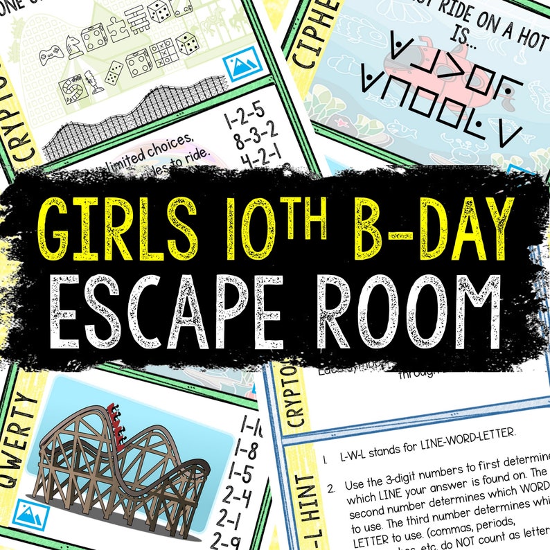 K&ouml;nnte beinhalten: Ein farbenfrohes Escape-Room-Spiel f&uuml;r M&auml;dchen, die ihren 10. Geburtstag feiern. Das Spiel beinhaltet eine Achterbahn, eine Chiffre und einen Krypto-Hinweis. Der Text auf dem Spiel lautet "Girls 10th B-Day Escape Room".