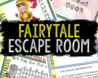 May include: A colorful printable escape room game for kids featuring a fairytale theme. The game includes a grid with letters and numbers, a cryptogram, and a riddle about fairy tale characters. The game is designed to help kids learn about fairytales and develop their problem-solving skills.