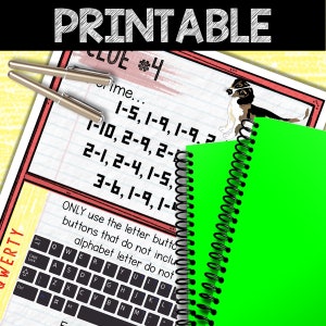 May include: A printable clue sheet with the text "CLUE #4" and a series of numbers. The text "ONLY use the letter buttons that do not include alphabet letter do not" is also visible. A keyboard is shown in the bottom left corner of the image.