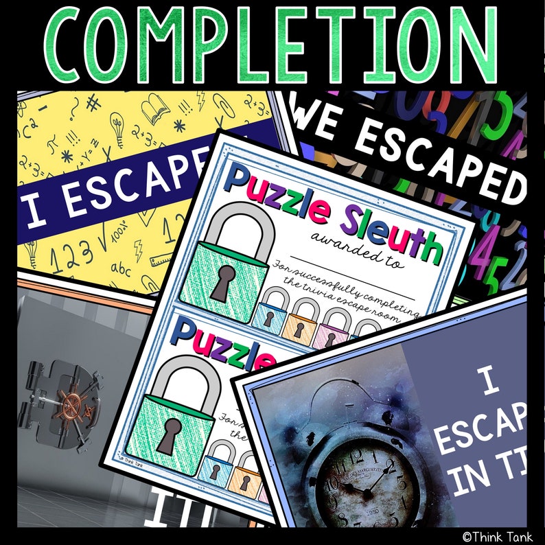 May include: A colorful printable certificate with the text "Puzzle Sleuth awarded to" and a space for a name. The certificate features a series of colorful padlocks with keys. The text "For successfully completing the trivia escape room" is also included.