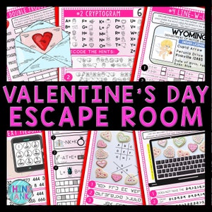 Puede incluir: Un juego de escape room de San Valentín con una variedad de rompecabezas y actividades. El juego presenta un esquema de color rosa y negro con corazones y otras imágenes de San Valentín. El juego está diseñado para jugadores de todas las edades.