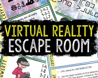 May include: A virtual reality escape room game with a colorful design. The game includes a variety of puzzles and challenges, including a cipher, a cryptogram, and a word puzzle. The game is designed for players of all ages and skill levels.
