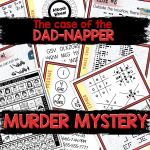 Puede incluir: Un juego de misterio de asesinato imprimible titulado "El caso del secuestrador de papá" con un título rojo y negro. El juego incluye una variedad de rompecabezas, incluyendo un cifrado, un código de mensaje y un expediente. El juego está diseñado para adultos y es perfecto para una noche divertida y atractiva.