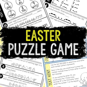 May include: A black and white printable Easter puzzle game with a yellow title that says "Easter Puzzle Game". The puzzle game includes a text decoder, a word search, and a number puzzle. The game is designed to be fun and educational for children.