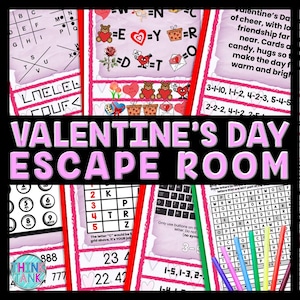 以下が含まれることがあります： ピンクと白のカラーテーマの、バレンタインデー・エスケープルームの印刷可能なアクティビティパック。パックには、ワードサーチ、コードブレーカー、数学パズルなど、さまざまなパズルやゲームが含まれています。ページの上部には、「バレンタインデー・エスケープルーム」というテキストが大きく太字で書かれています。