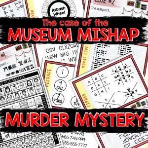 Puede incluir: Un juego imprimible colorido para niños llamado "El caso del percance del museo: Misterio de asesinato". El juego presenta una variedad de rompecabezas, que incluyen un cifrado, un código de mensaje y un expediente.
