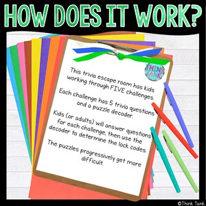 May include: A white sheet of paper with black text on a clipboard with a red and green binder clip. The text reads "This trivia escape room has kids working through FIVE challenges. Each challenge has 5 trivia questions and a puzzle decoder. Kids (or adults) will answer questions for each challenge, then use the decoder to determine the lock codes. The puzzles progressively get more difficult." There is a Think Tank logo in the upper right corner of the paper. The paper is on top of a stack of colorful papers.