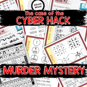 Puede incluir: Un póster rojo y blanco con el texto "The case of the CYBER HACK MURDER MYSTERY" y varios rompecabezas de descifrado de códigos. Los rompecabezas incluyen un cifrado, un mensaje, un código Morse y una rueda Atbash.