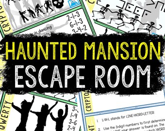 May include: A black and white image of a haunted mansion escape room game. The image includes a title card with the text "Haunted Mansion Escape Room" and a series of cards with different puzzles and clues. The cards feature a variety of images, including skeletons, zombies, and a skull.