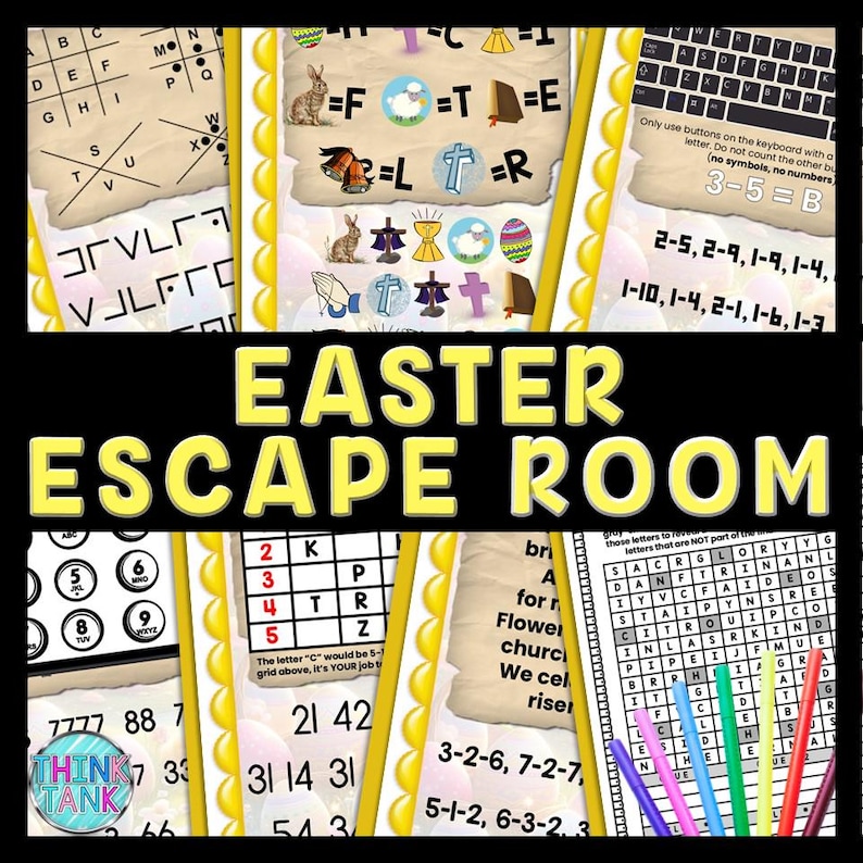 May include: An Easter escape room game with a variety of puzzles and activities. The game includes a grid with numbers, a word search, a code-breaking puzzle, and a picture matching game. The game is designed for children and adults.