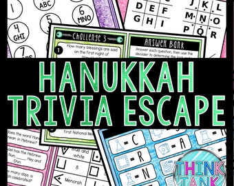 Op de afbeelding: Een printbaar Hanukkah-trivia-escape-roomspel met een groene titel en een kleurrijke achtergrond. Het spel bevat een decoder, een antwoordbank en triviavragen.