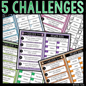 May include: A colorful printable worksheet with five Easter-themed challenges. Each challenge has a question and multiple-choice answers. The worksheet includes an answer bank with a decoder to determine the lock code for each question.