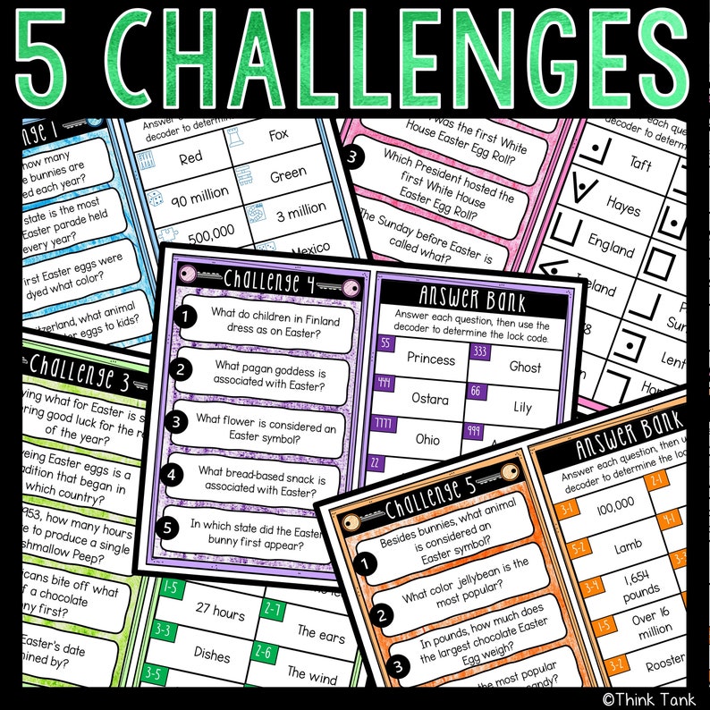 May include: A colorful printable worksheet with five Easter-themed challenges. Each challenge has a question and multiple-choice answers. The worksheet includes an answer bank with a decoder to determine the lock code for each question.