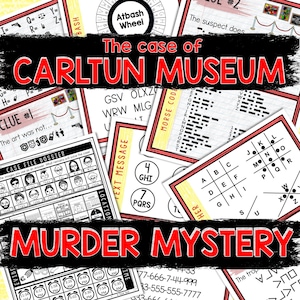 Puede incluir: Un juego de misterio de asesinato imprimible colorido con el título "El caso del MUSEO CARLTON ASESINATO MISTERIOSO". El juego incluye una variedad de rompecabezas, códigos y pistas para resolver el misterio.