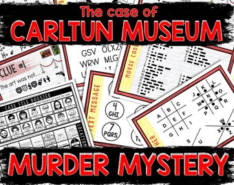 May include: A colorful printable murder mystery game with the title "The case of CARLTON MUSEUM MURDER MYSTERY". The game includes a variety of puzzles, codes, and clues to solve the mystery.