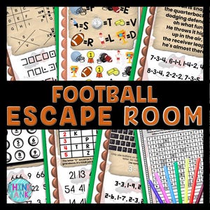 以下が含まれることがあります： フットボールをテーマにした脱出ゲームに関連するカラフルな画像のコラージュ。画像には、フットボールフィールド、フットボール選手、フットボール、ホイッスル、トロフィー、ナンバーグリッド、ワードサーチ、コード解読パズルが含まれています。テキスト「FOOTBALL ESCAPE ROOM」は、大きく太字で表示されています。