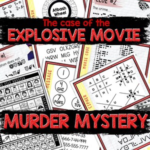 May include: A printable murder mystery game with the title "The case of the EXPLOSIVE MOVIE" and the subtitle "MURDER MYSTERY". The game includes a variety of puzzles and codes to solve, including a Morse code, a cipher, and a message code.
