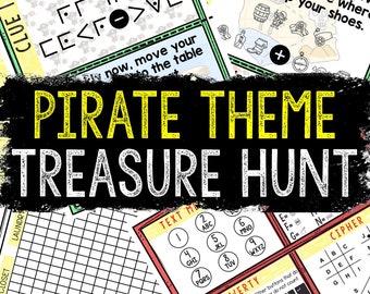 May include: A printable pirate-themed treasure hunt game with a grid, a text message cipher, and a letter cipher. The game includes clues, a map, and a treasure chest.