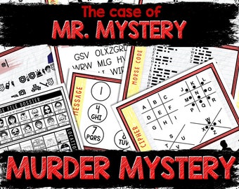 May include: A collection of murder mystery game materials. The title "The case of MR. MYSTERY" is displayed in red text. Includes clues, ciphers, a Morse code chart, and a file dossier. The words "MURDER MYSTERY" are also in red.