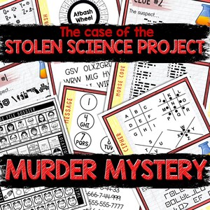 May include: A collection of themed murder mystery game cards with various puzzles, codes, and clues. The title "The case of the STOLEN SCIENCE PROJECT" is prominently displayed, along with the words "MURDER MYSTERY". Includes an Atbash Wheel and Morse code.