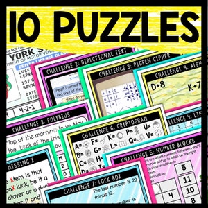 May include: A colorful set of ten printable puzzles for kids. The puzzles include a directional text challenge, a pigpen cipher, a polybius cipher, a cryptogram, a number blocks challenge, and an alphabet challenge. The puzzles are themed around St. Patrick's Day.