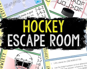 May include: A colorful game board with the words "Hockey Escape Room" in large yellow letters. The board features a hockey mask, a hockey stick, and a puck. The game includes a cryptogram and a cipher.