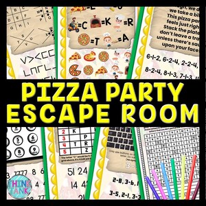 以下が含まれることがあります： 「ピザパーティー脱出ゲーム」というタイトルのカラフルな印刷可能な脱出ゲーム。このゲームには、単語検索、コード解読パズル、ロジックパズルなど、さまざまなパズルが含まれています。このゲームは、子供と大人のために設計されています。