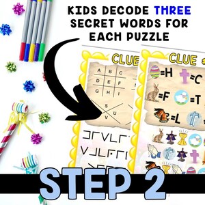 May include: A printable Easter activity for kids. The image shows two worksheets with a grid and clues to decode three secret words. The first worksheet has a grid with letters A through V and the second worksheet has clues with pictures of an egg, a cross, a bunny, a lamb, bells, and a chalice.