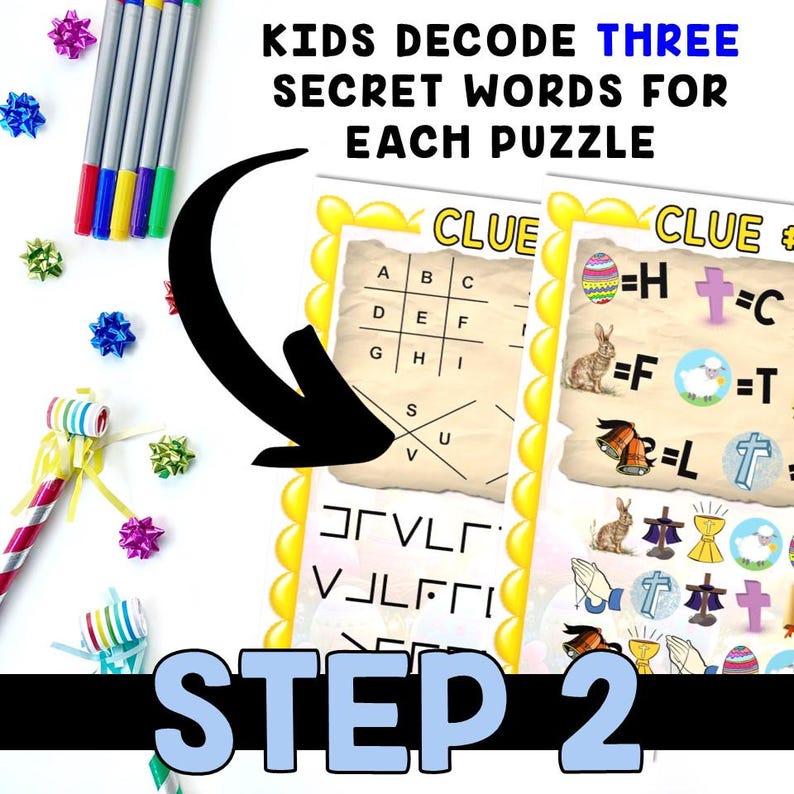 May include: A printable Easter activity for kids. The image shows two worksheets with a grid and clues to decode three secret words. The first worksheet has a grid with letters A through V and the second worksheet has clues with pictures of an egg, a cross, a bunny, a lamb, bells, and a chalice.