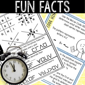 May include: A black alarm clock with white numbers and hands set to 12:00. The clock is in front of a worksheet with the title "Fun Facts" and various code-breaking puzzles. The puzzles include a letter grid, a Morse code puzzle, and a Polybius square cipher.