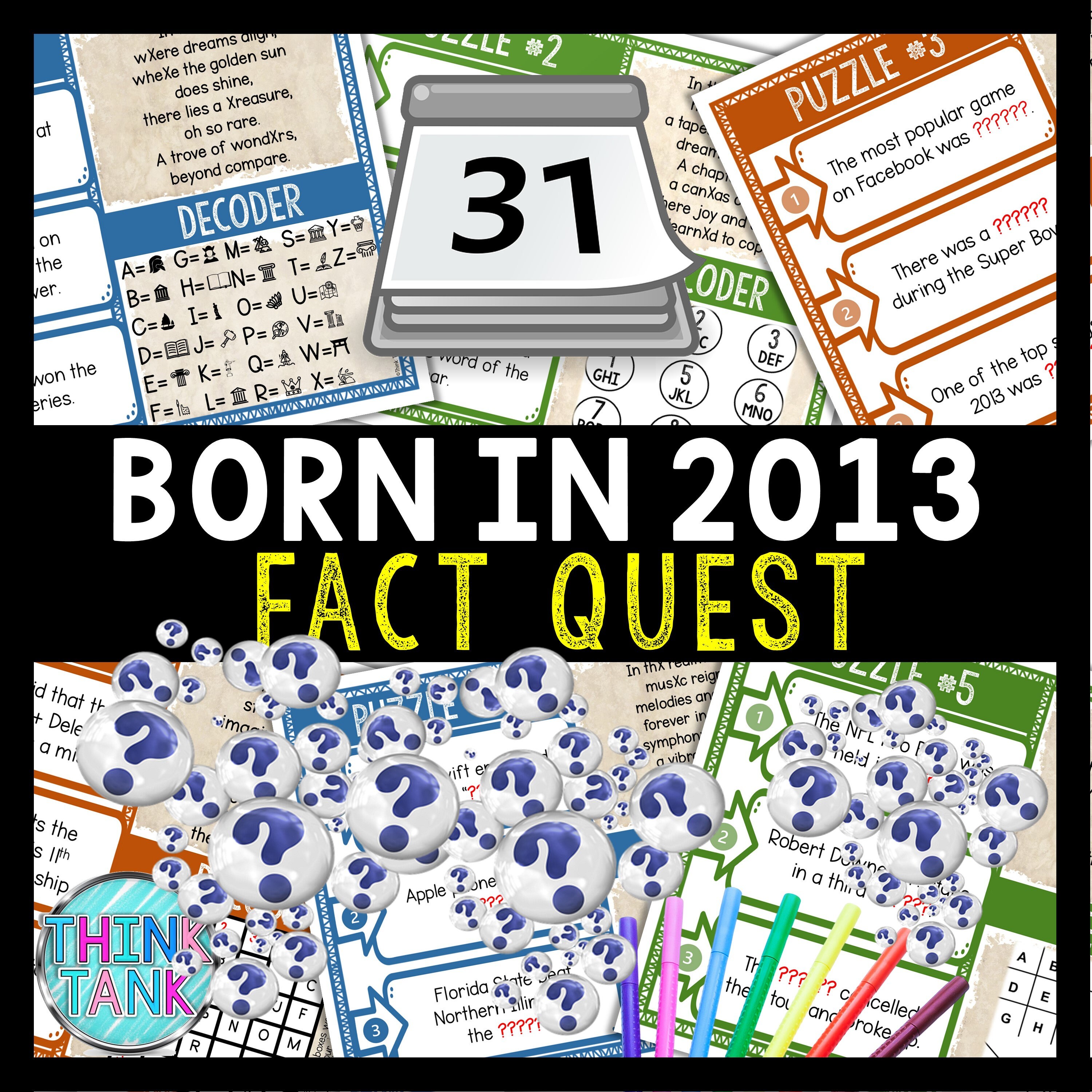 Born in 2013 Fact Quest Escape Room for Kids, Printable Party Game, Family Game Night, Teachers, Puzzles, Secret Codes, Strange Trivia