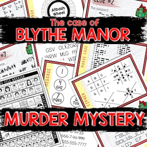 Puede incluir: Un conjunto de tarjetas de juego de rompecabezas con el título "The case of BLYTHE MANOR MURDER MYSTERY". Las tarjetas presentan cifrados, códigos y pistas, incluido un Atbash Wheel y código Morse, diseñados para resolver un misterio.
