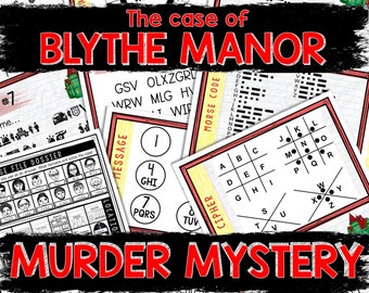 May include: A set of puzzle cards titled "The case of BLYTHE MANOR MURDER MYSTERY", featuring various ciphers, codes, and clues. Includes an Atbash Wheel, Morse code, and other elements to solve a mystery, with a house graphic.