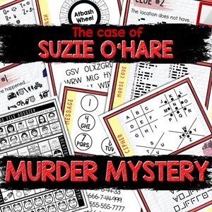 Puede incluir: Un juego de misterio de asesinato imprimible rojo y blanco titulado "El caso de Suzie O'Hare" con un título rojo y las palabras "Misterio de asesinato" en letras rojas grandes. El juego incluye una variedad de rompecabezas, incluyendo un cifrado, un mensaje, un código Morse y un expediente.