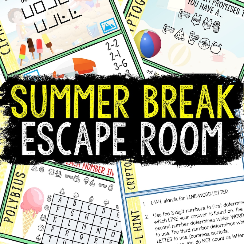 Puede incluir: Un juego de escape de verano colorido con un t&iacute;tulo amarillo y negro y una cuadr&iacute;cula de im&aacute;genes con n&uacute;meros. El juego incluye un criptograma, un cuadrado de Polybio y una b&uacute;squeda de palabras.