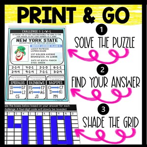 May include: A printable educational activity for kids featuring a New York State driver's license with a leprechaun cartoon character. The activity includes a puzzle, a code, and a grid to shade in. The instructions are to solve the puzzle, find the answer, and shade the grid.