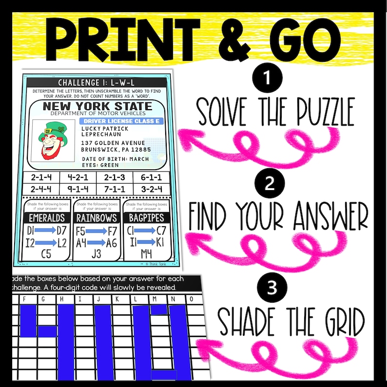 May include: A printable educational activity for kids featuring a New York State driver's license with a leprechaun cartoon character. The activity includes a puzzle, a code, and a grid to shade in. The instructions are to solve the puzzle, find the answer, and shade the grid.