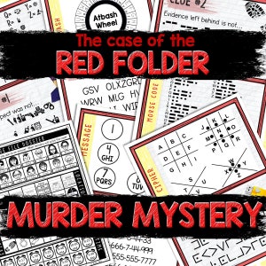 Puede incluir: Un juego de "Misterio de Asesinato" rojo y negro con un tema de carpeta roja. El juego incluye una variedad de rompecabezas, incluyendo un cifrado, un código de mensaje y un expediente. El juego también incluye un reloj, números de teléfono y un conjunto de flechas.